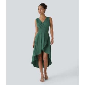 NWT Halara Deep V Neck Sleeveless High Low Flowy Midi Casual Dress Dark Green XL